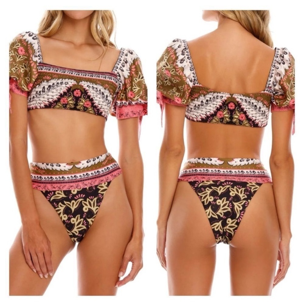 New! Agua Bendita SET Lilith puff sleeve bikini high waisted bottom L, M
